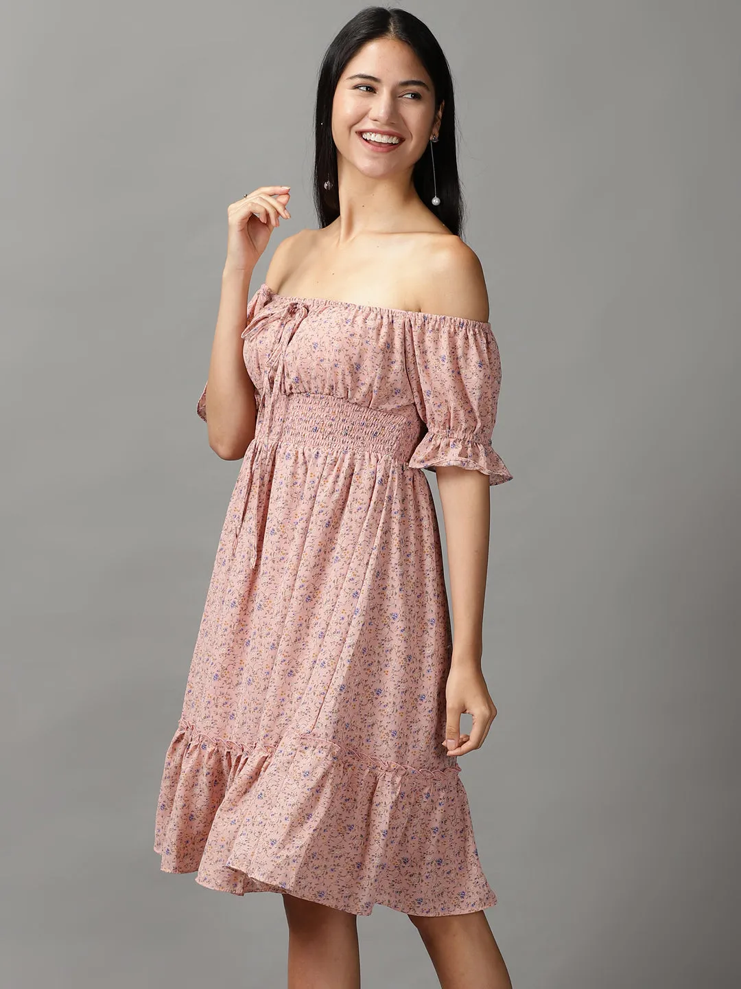 Women's Peach Floral Off-Shoulder Fit and Flare Dress Wedding guest