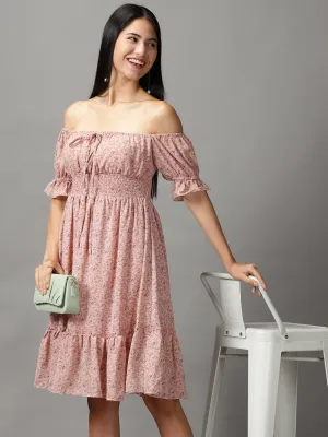 Women's Peach Floral Off-Shoulder Fit and Flare Dress Light Soft Calm Aesthetic