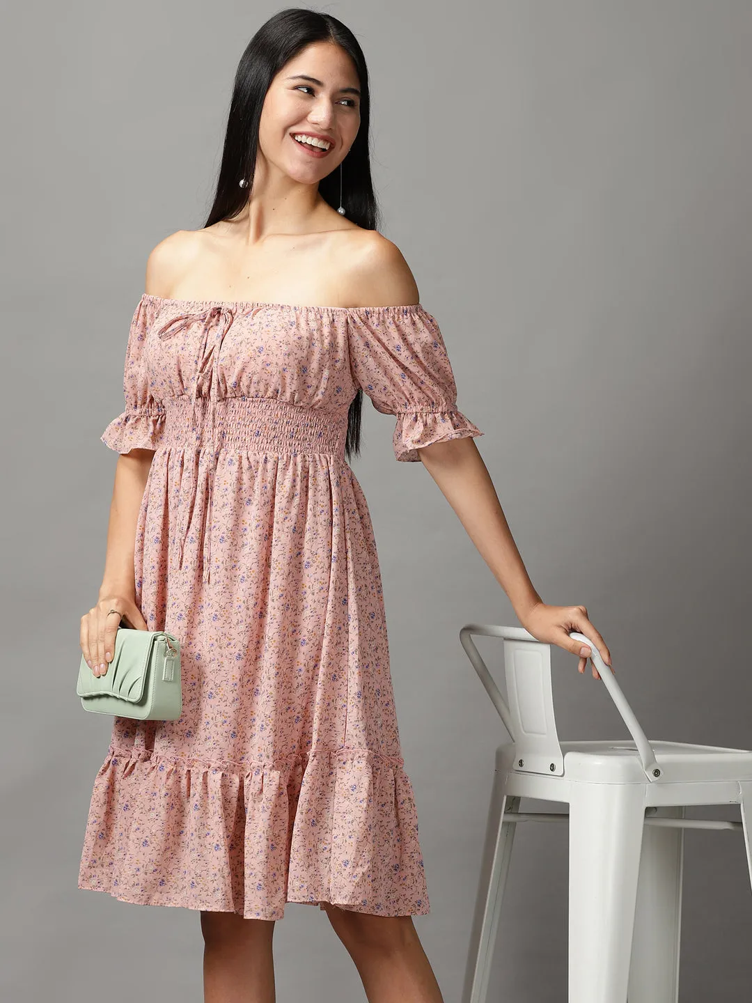 Women's Peach Floral Off-Shoulder Fit and Flare Dress Light Soft Calm Aesthetic