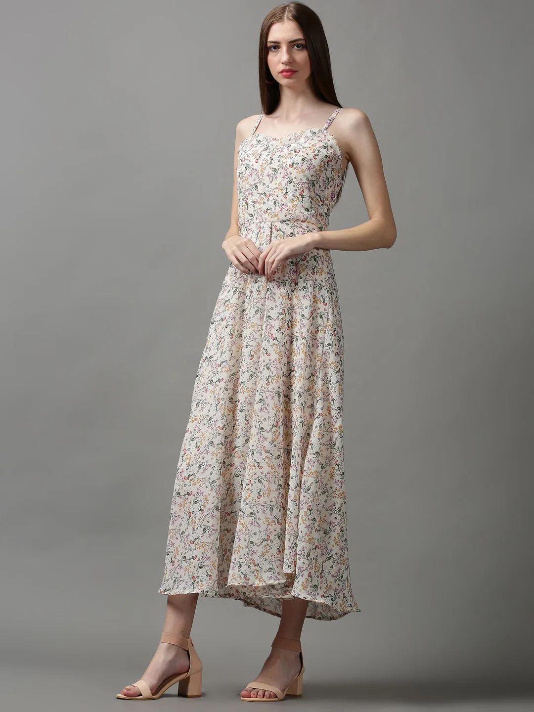 Bridal-Shower Fresh Tones Women's Cream Floral Georgette A-Line Midi Dress