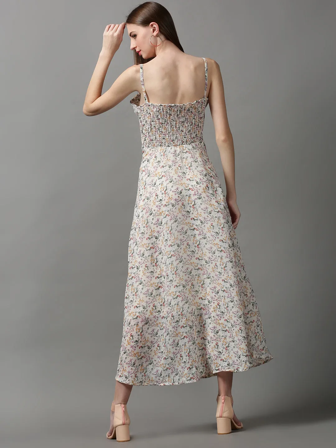 Dual Tones Modern Staple Women's Cream Floral Georgette A-Line Midi Dress