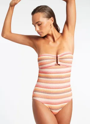 Anti Pilling Fabric Blend Capri Stripe Bandeau One Piece - Candy