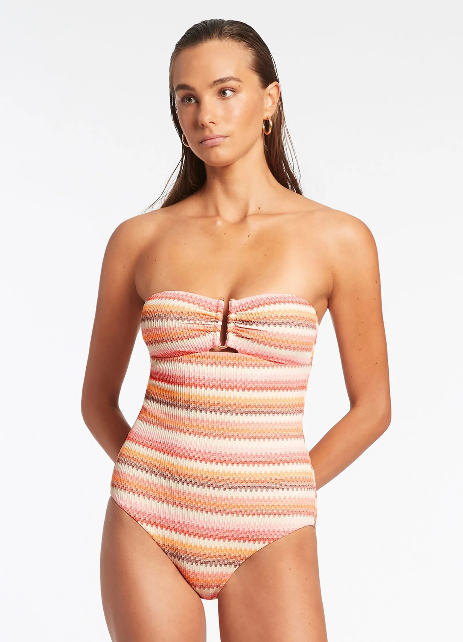 Anti Slip Grippers Stretch Weave Fabric Capri Stripe Bandeau One Piece - Candy