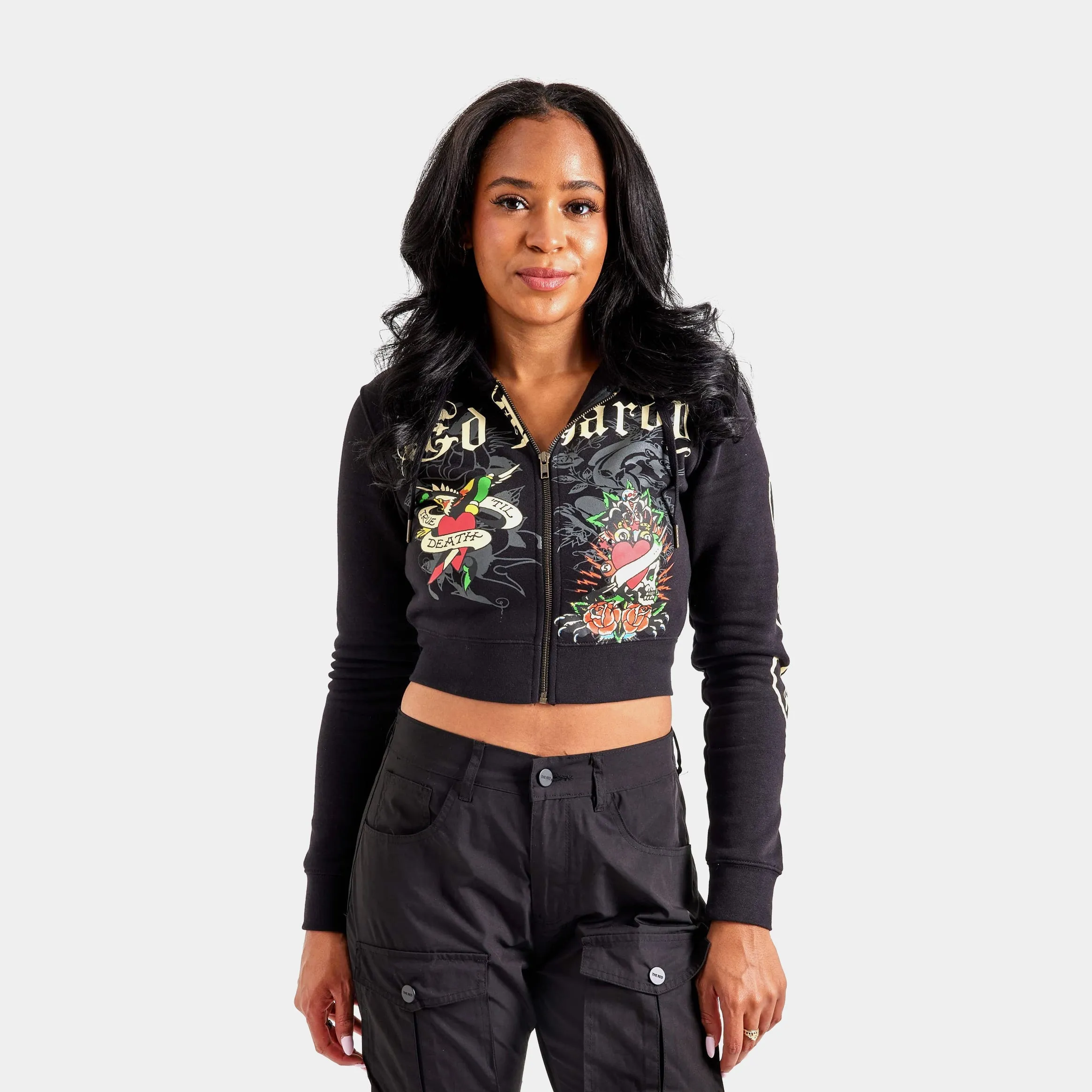 Classic Minimal Rose Skull Zip Up Womens Hoodie (Black/White)