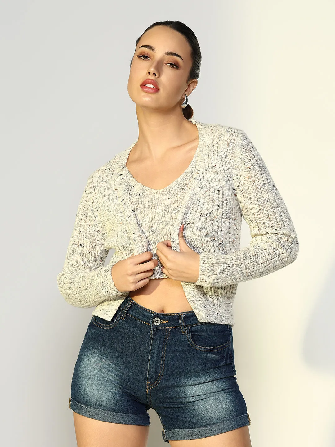 Women's Ribbed Grey Crop Top with Shrug MoistureControlFibers Airflow Ventilation