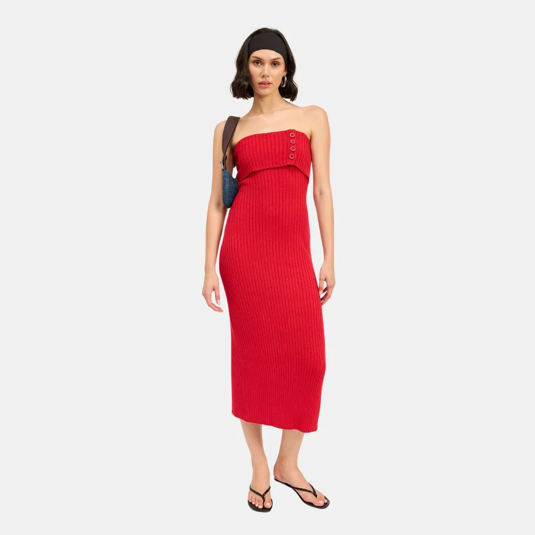 Fold Over Ribbed Tube Dress (Red) Soft Finish Smooth Edge