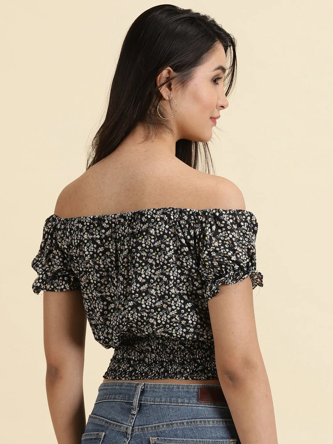 Women's Black Floral Printed Off-Shoulder Bardot Crop Top Sweat Absorbent Active Fashion