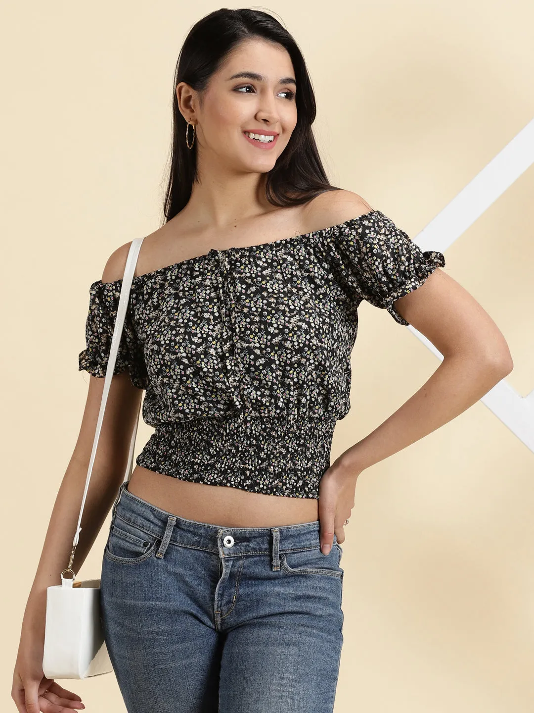 weekday wear Outdoor Sports Women's Black Floral Printed Off-Shoulder Bardot Crop Top
