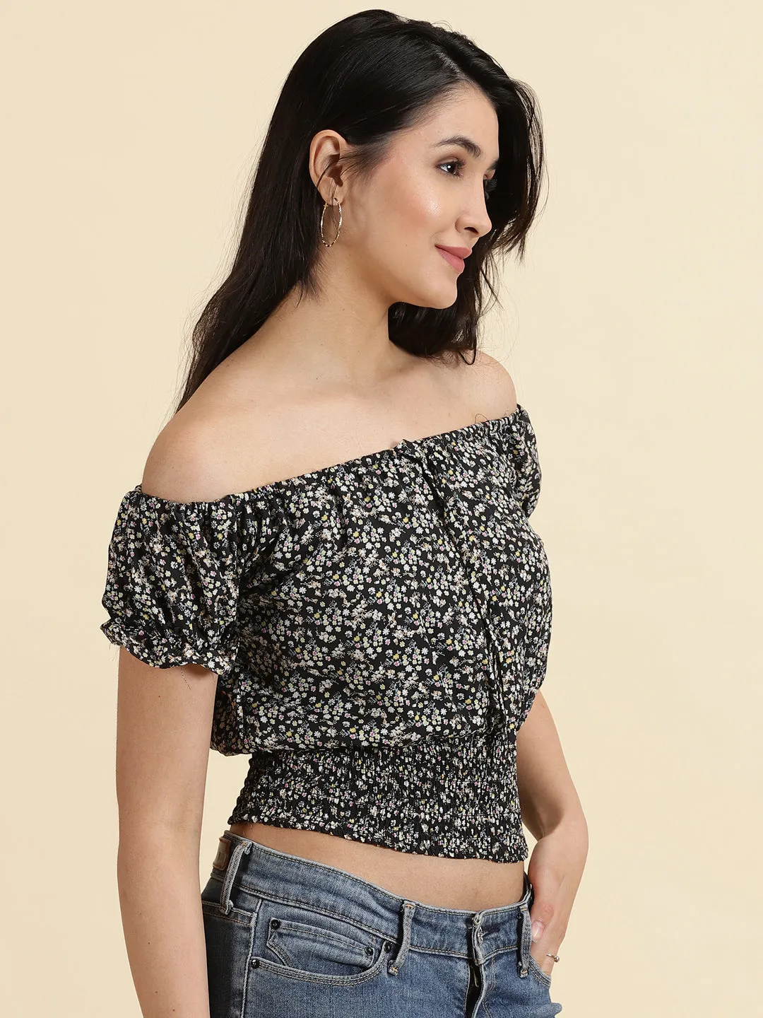 petite size Women's Black Floral Printed Off-Shoulder Bardot Crop Top