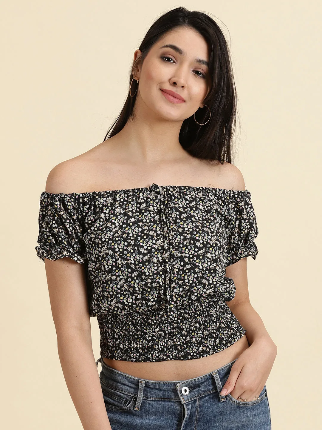 Women's Black Floral Printed Off-Shoulder Bardot Crop Top Travel Comfort Style