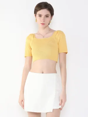 Chill Comfort Moisture Wicking Fabric Women's Mustard Puff Sleeve Crop Top