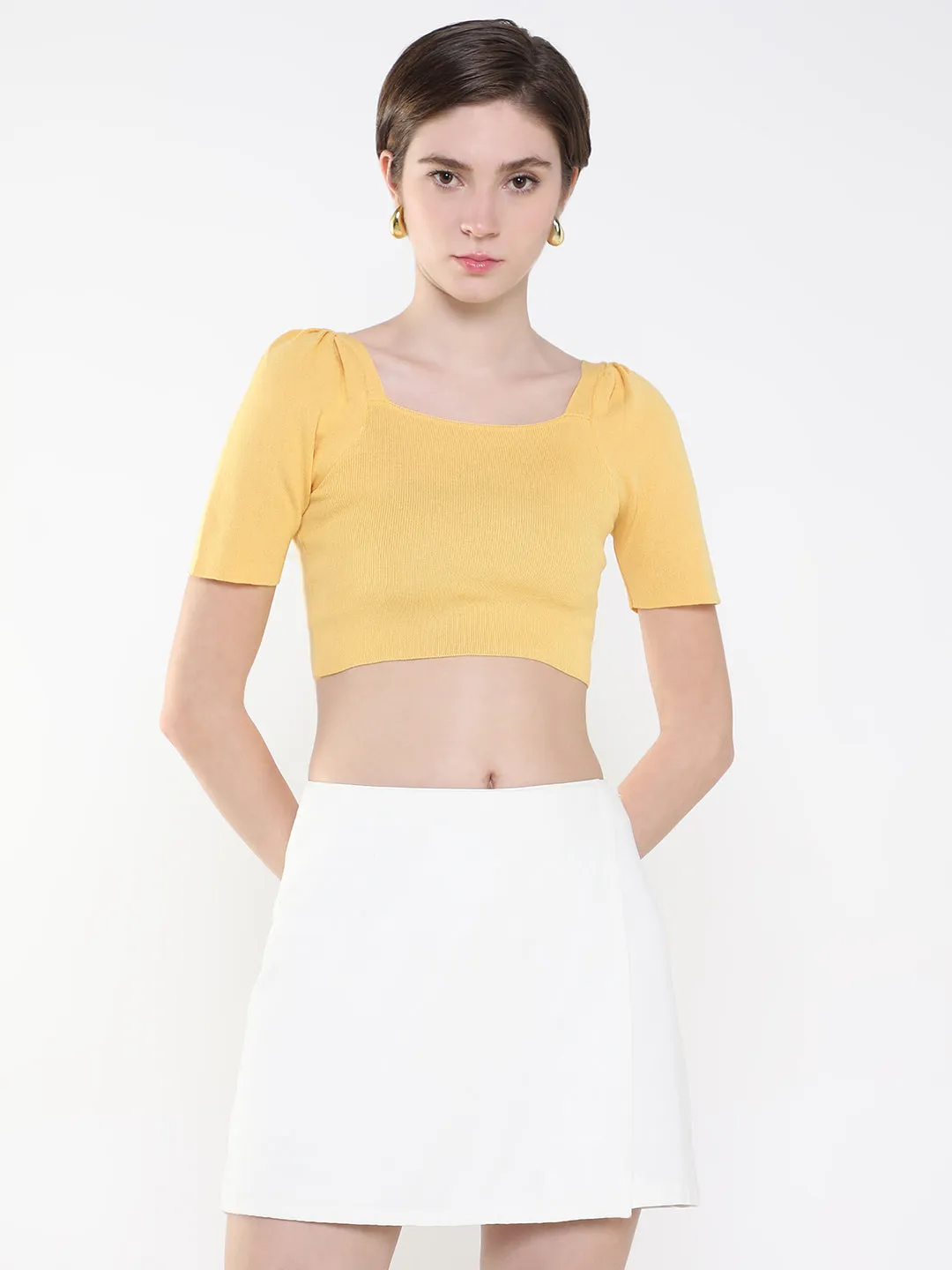 Layered Style Women's Mustard Puff Sleeve Crop Top