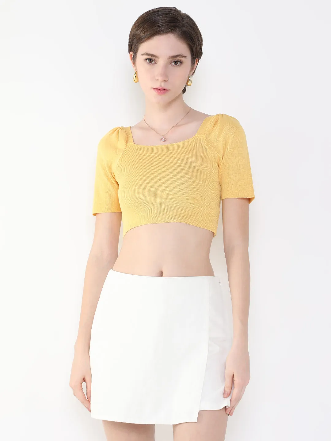 Chill Comfort Moisture Wicking Fabric Women's Mustard Puff Sleeve Crop Top