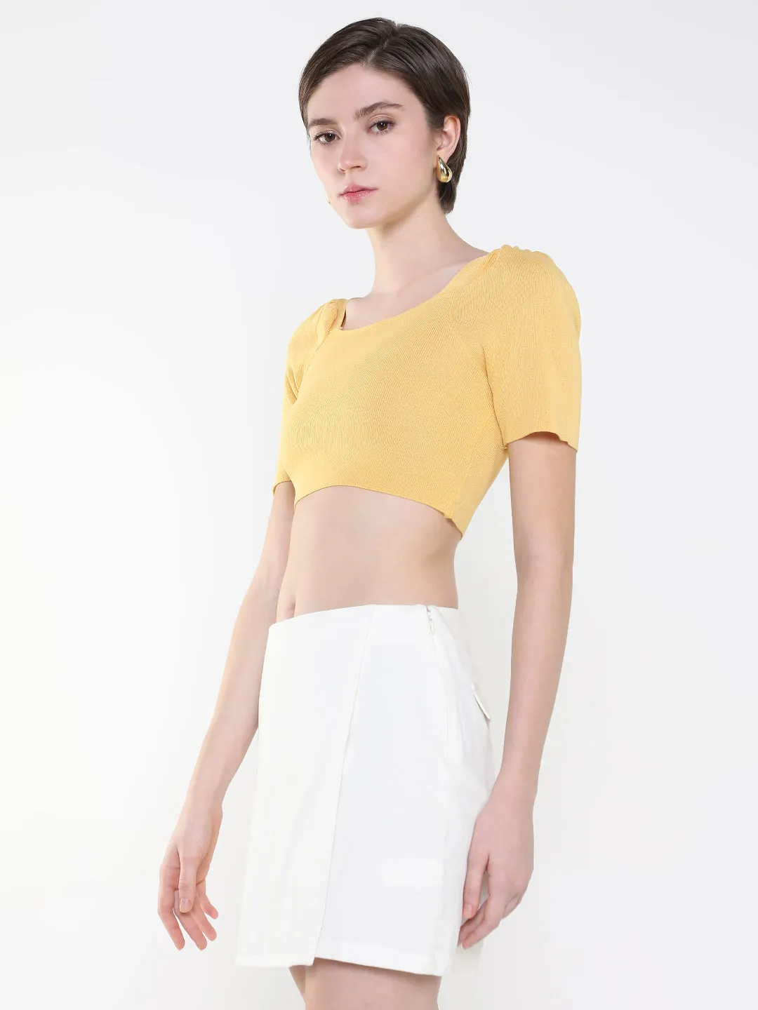 No Slip Shoulder Design Fashion Layering Women's Mustard Puff Sleeve Crop Top