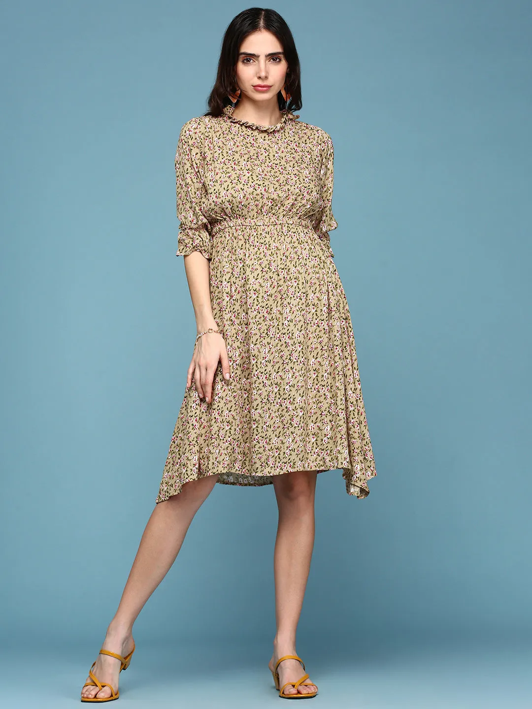 Anti-Static-Finish Women's Beige Floral Crepe Midi Dress