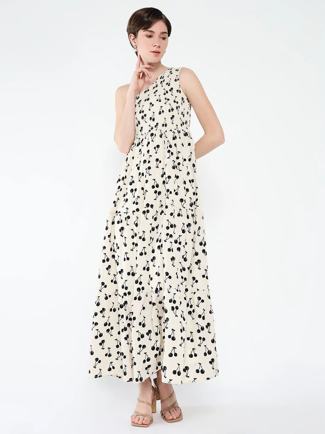 Women's Off White Print One Shoulder Crepe Fit & Flare Maxi Dress Chic Wear