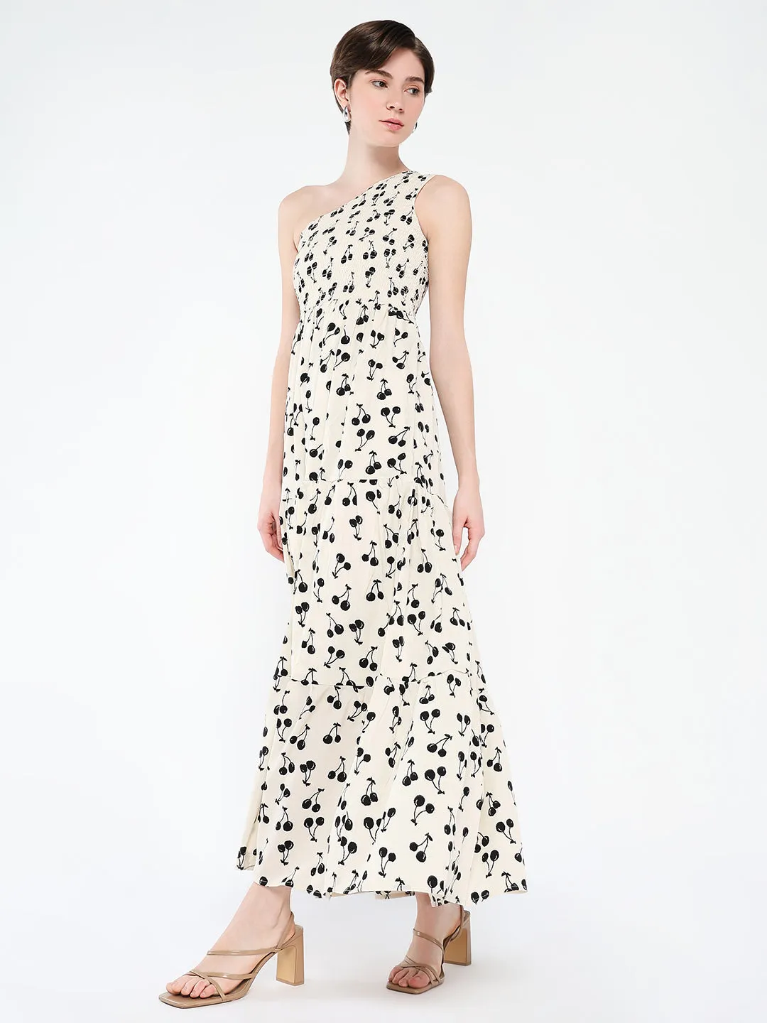 Functional Style Women's Off White Print One Shoulder Crepe Fit & Flare Maxi Dress