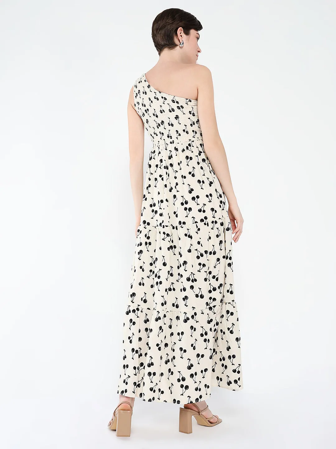 Women's Off White Print One Shoulder Crepe Fit & Flare Maxi Dress Smart touch