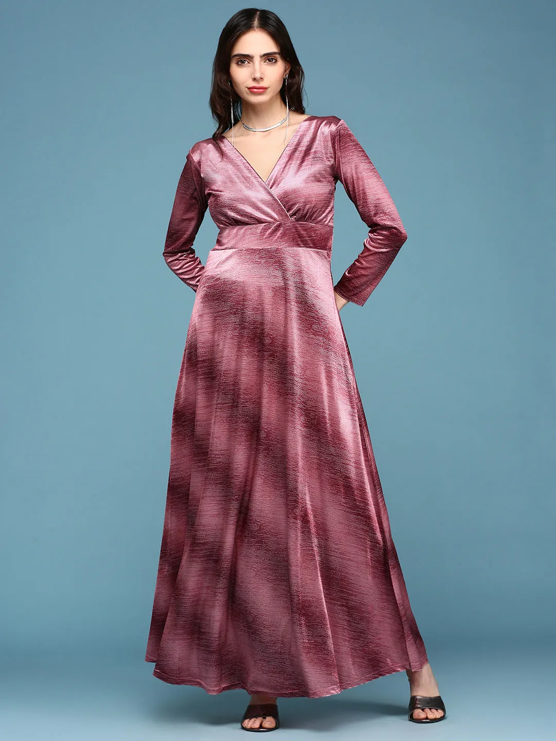 Women's Peach V-Neck Fit and Flare Maxi Dress FadeResistantColor