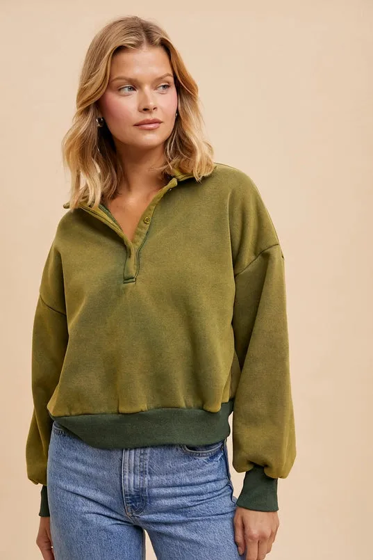 Versatile Outfit Women's Quarter Button Collared Solid Cropped Sweatshirt in Forest Green
