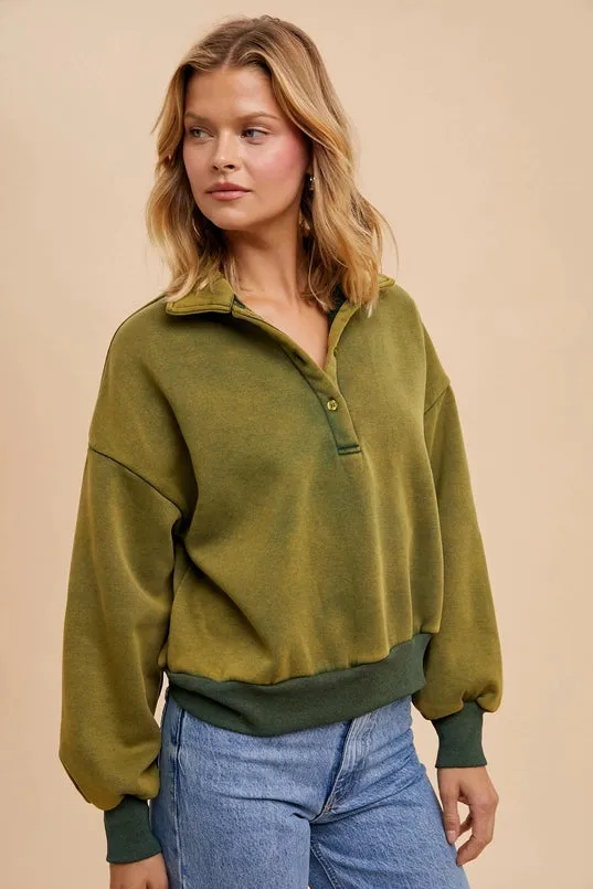 Casual dry cleanable Women's Quarter Button Collared Solid Cropped Sweatshirt in Forest Green