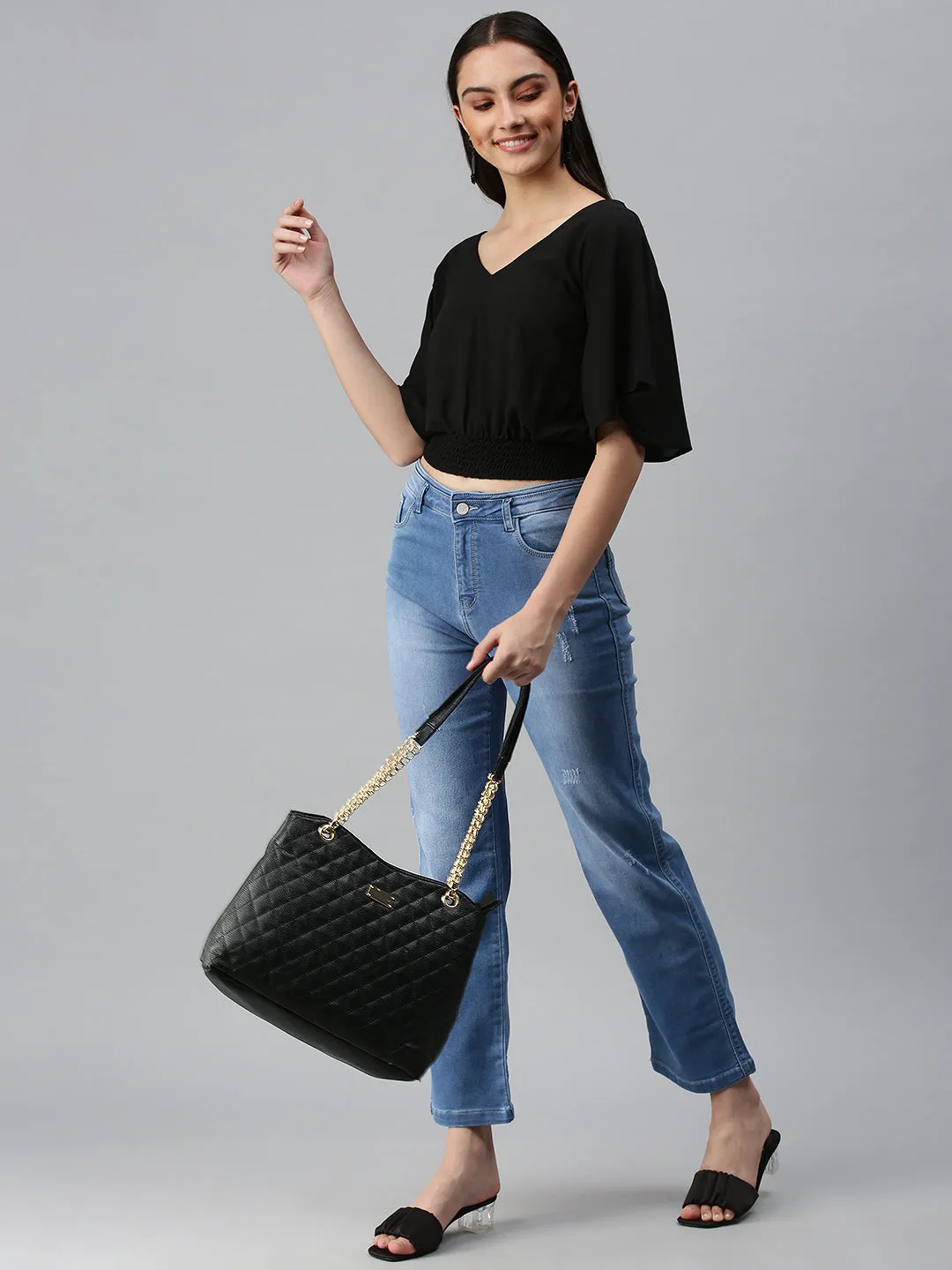 Women's Black Smocked Crepe Blouson Crop Top Versatile Piece Seasonal top