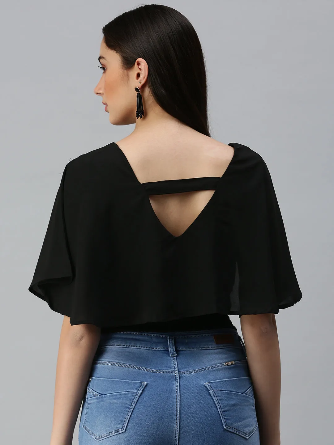 Casual and cool Women's Black Smocked Crepe Blouson Crop Top