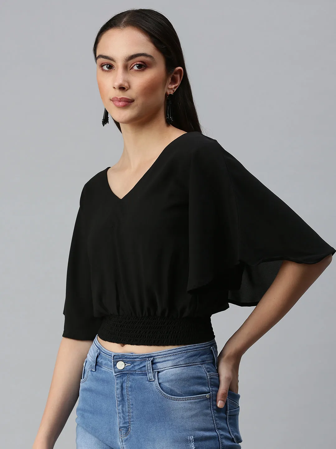 Durable Knit Structure Chilly Day Comfort Women's Black Smocked Crepe Blouson Crop Top