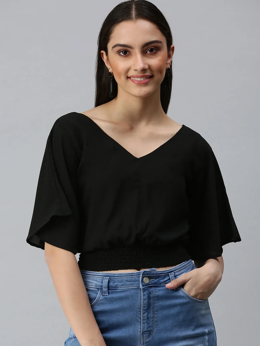 Daily Outfit Style Women's Black Smocked Crepe Blouson Crop Top
