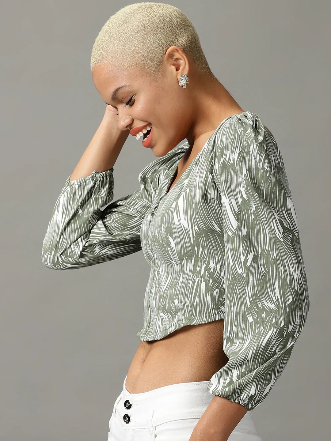 Unisex style Quick Comfort Design Women's Olive Abstract Print Puff Sleeve Crop Top