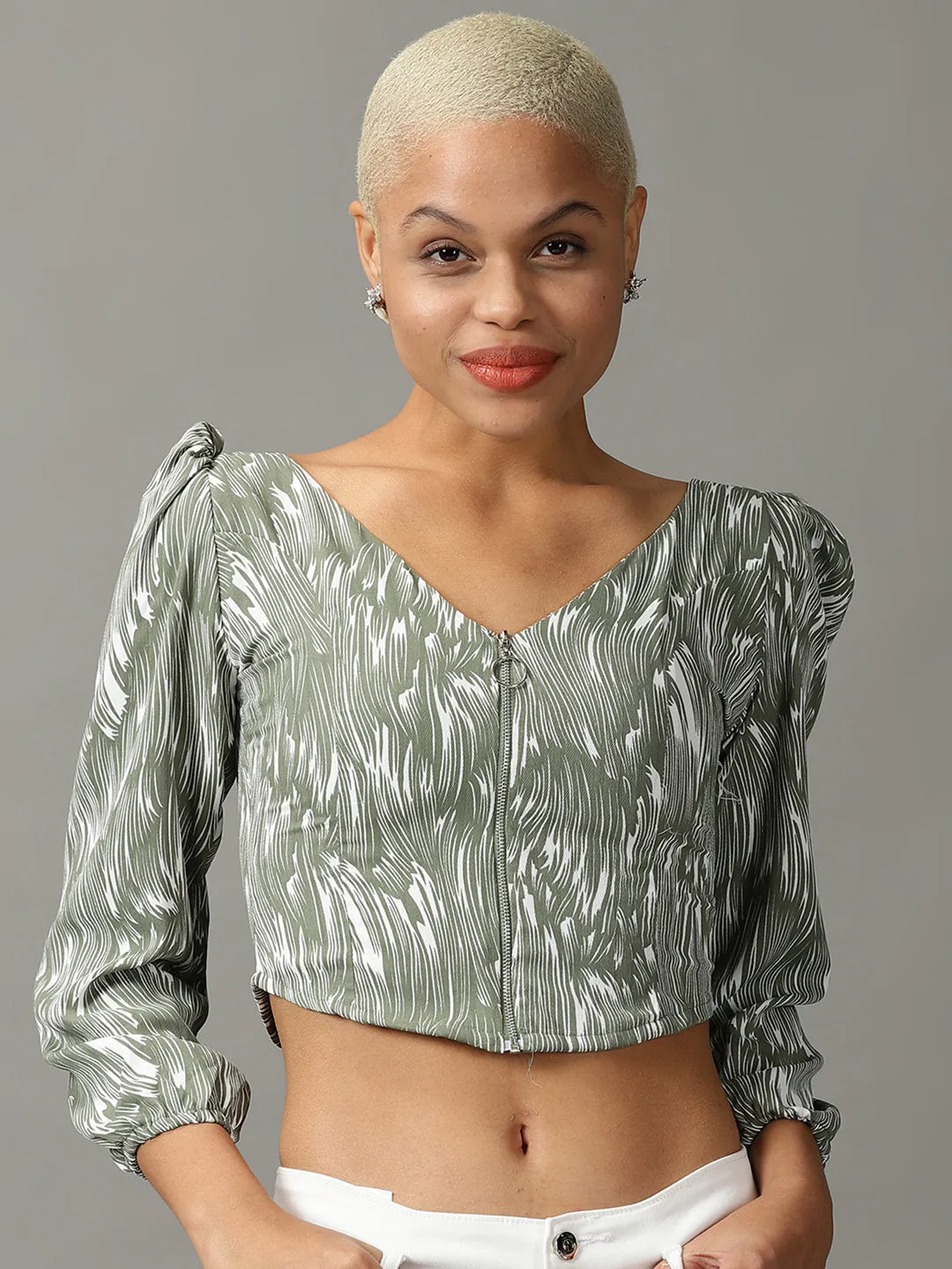 Adult Wear Timeless Layer Women's Olive Abstract Print Puff Sleeve Crop Top