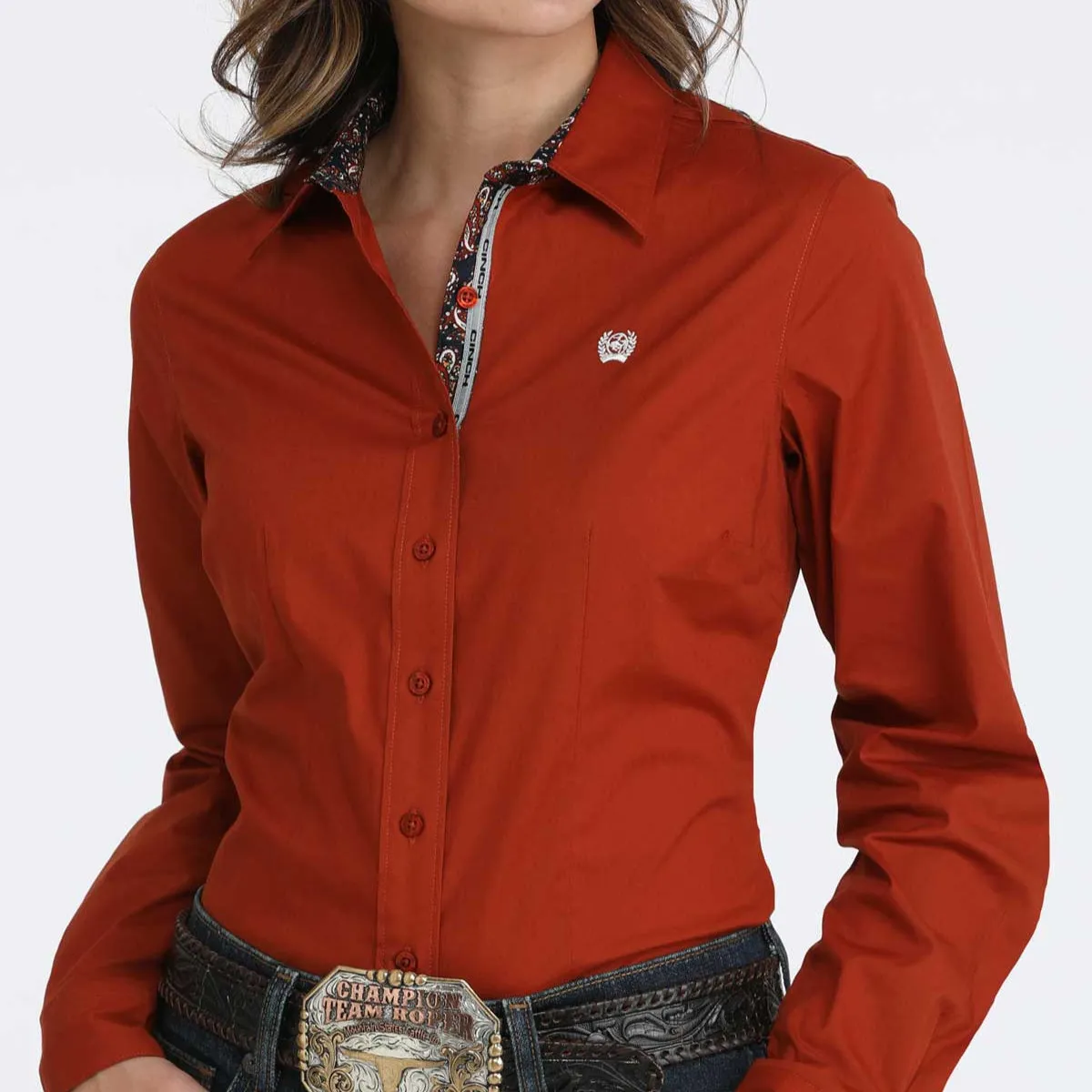 Breathable Waist LowImpactDye Cinch Women's L/S Stretch Western Button Down Shirt in Rust Red