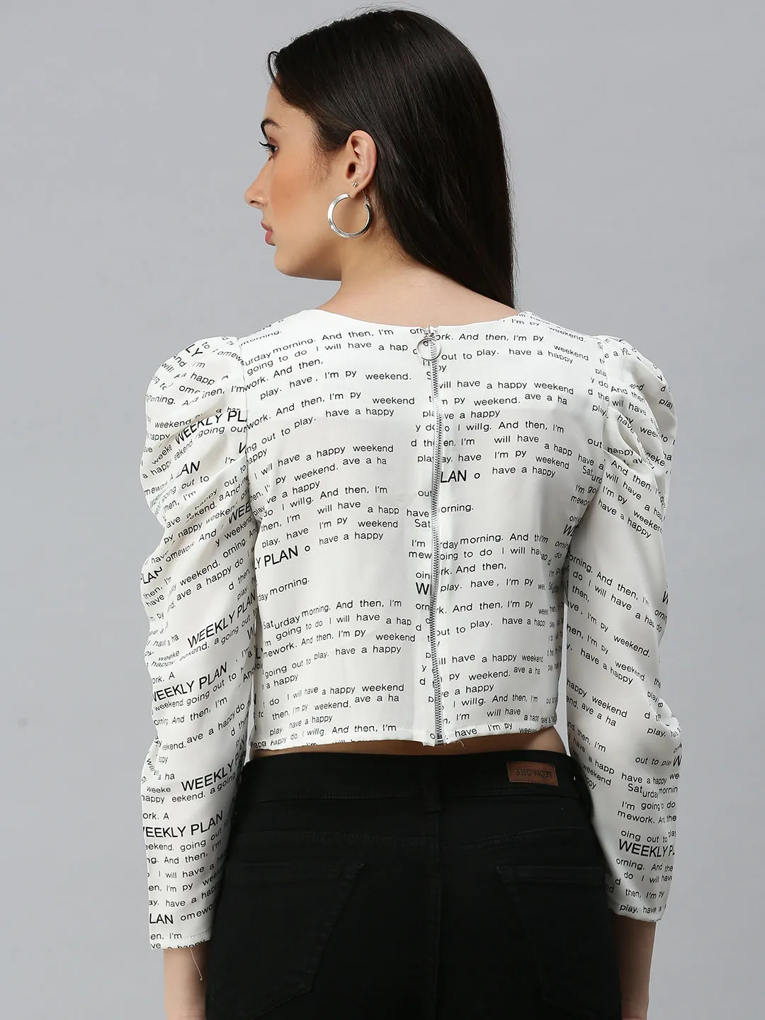 Women's Off White Print Monochrome Crepe Crop Top Sleek Design Fit Ruffled edges