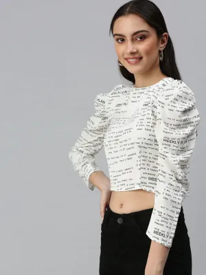 Women's Off White Print Monochrome Crepe Crop Top Modern Casual Casual everyday wear