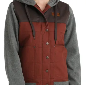 Roll Up Hood Water Resistant Coat Cinch Women's Canvas Hoodie Jacket in Gray & Burgundy