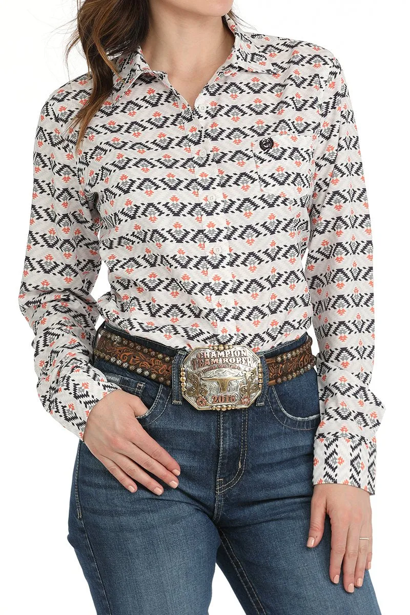 Cinch Women's L/S Arenaflex Aztec Western Button Down Shirt in White Fashionable Ease