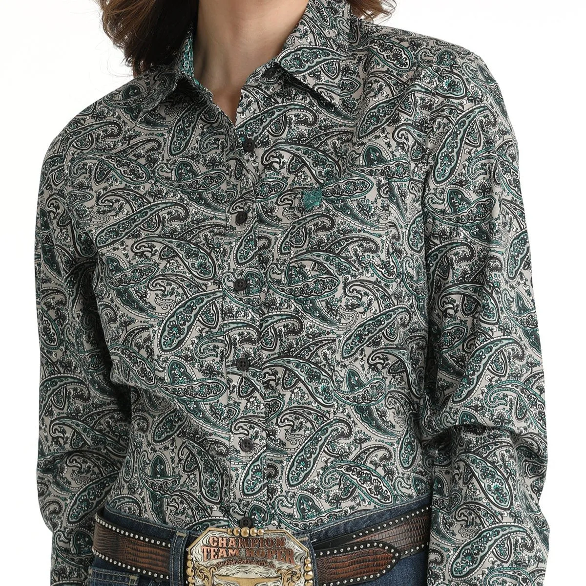 Cinch Women's L/S Grey & Teal Paisley Western Button Down Shirt Fit For Movement