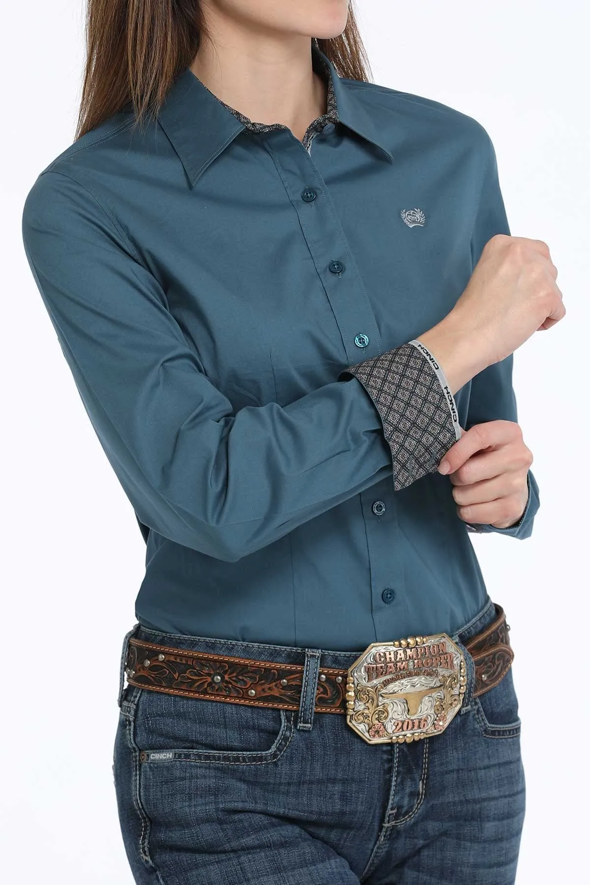 Cinch Women's L/S Solid Teal Western Button Down Shirt EcoFriendlyMaterial Durable Stitching