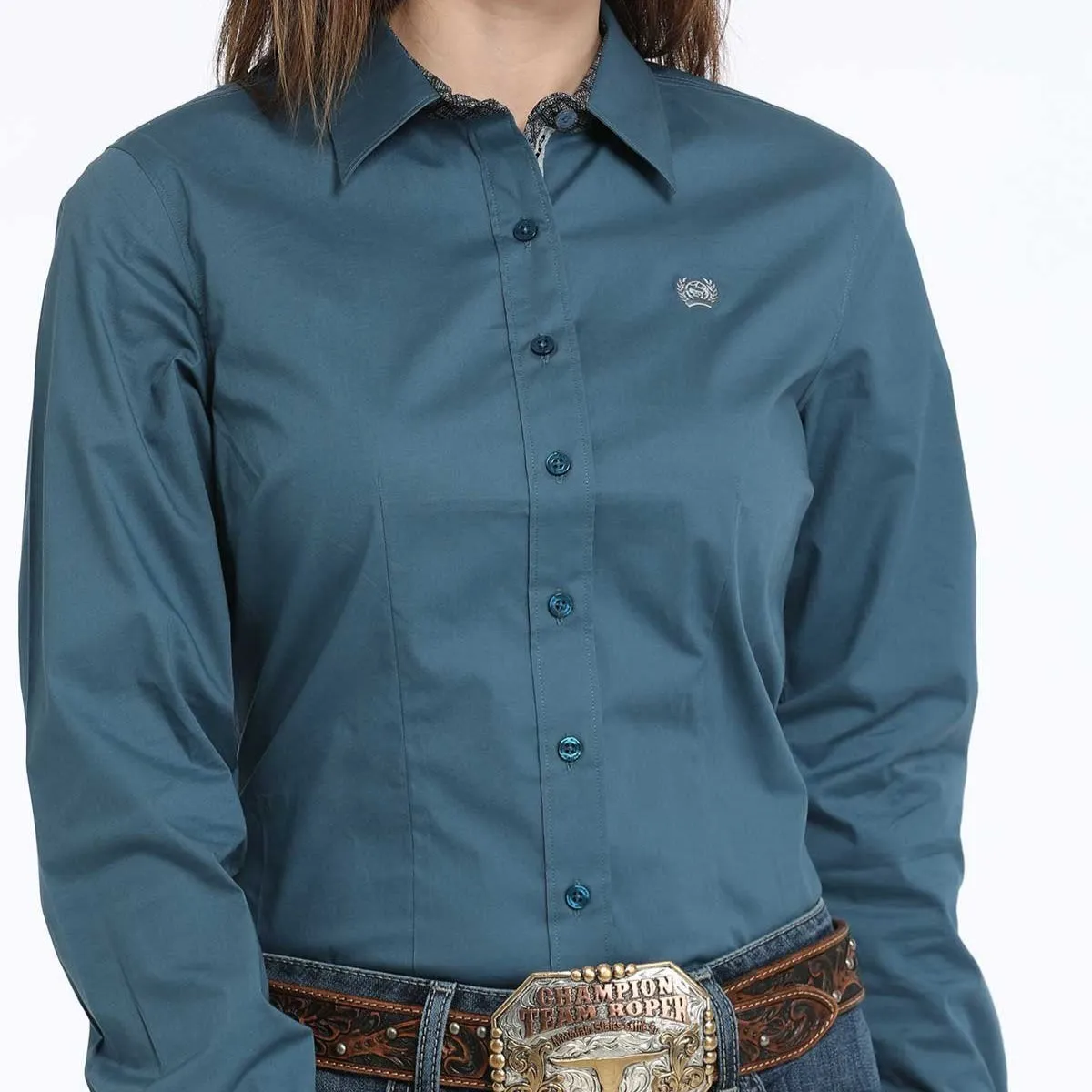 Bold Design Cozy Fit Cinch Women's L/S Solid Teal Western Button Down Shirt
