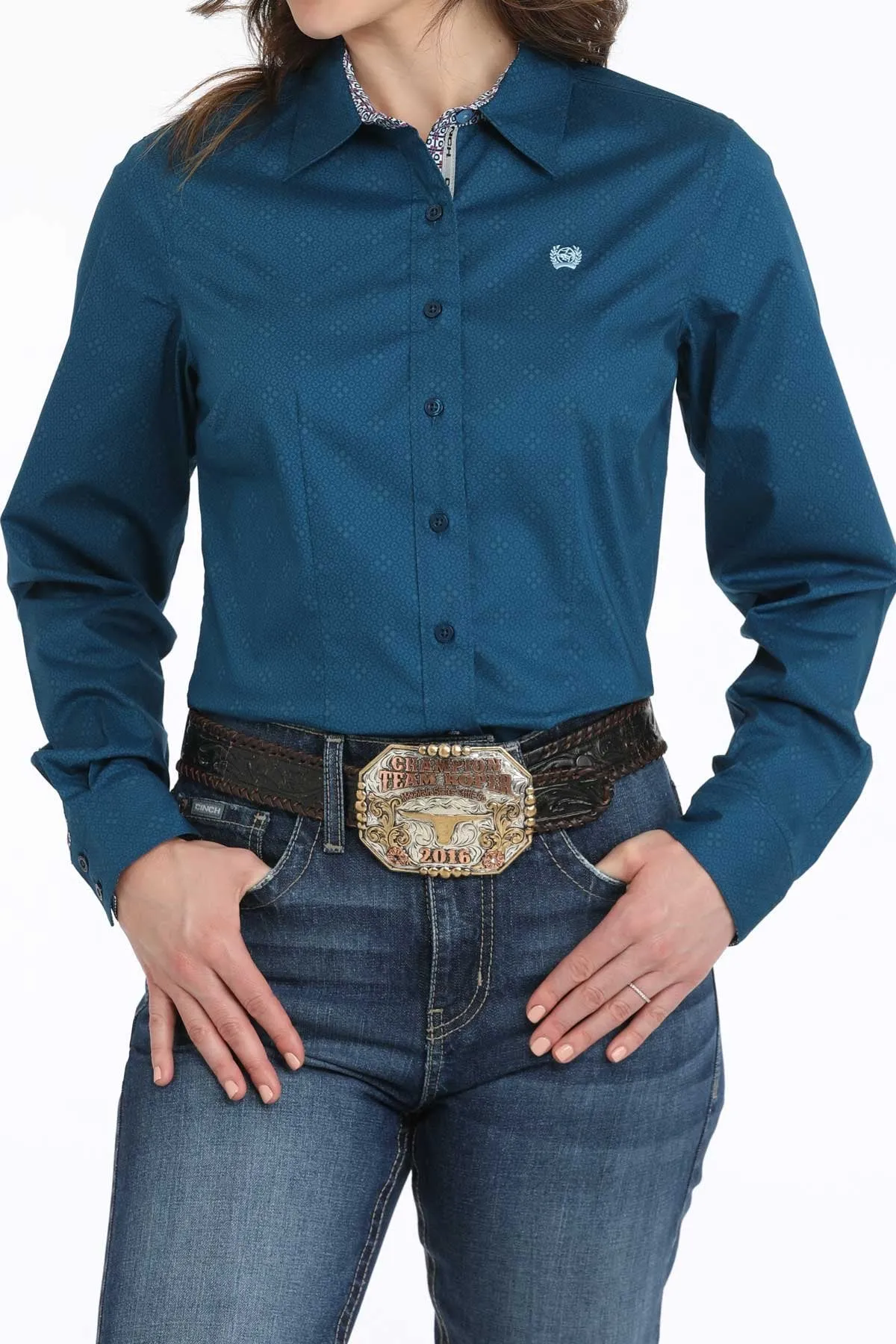 Cinch Women's L/S Stretch Geometric Western Button Down Shirt in Blue Cashmere combination Daily Style