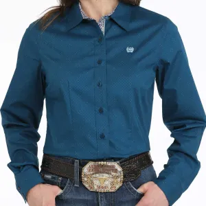 Flattering Design Reinforced Hems Cinch Women's L/S Stretch Geometric Western Button Down Shirt in Blue