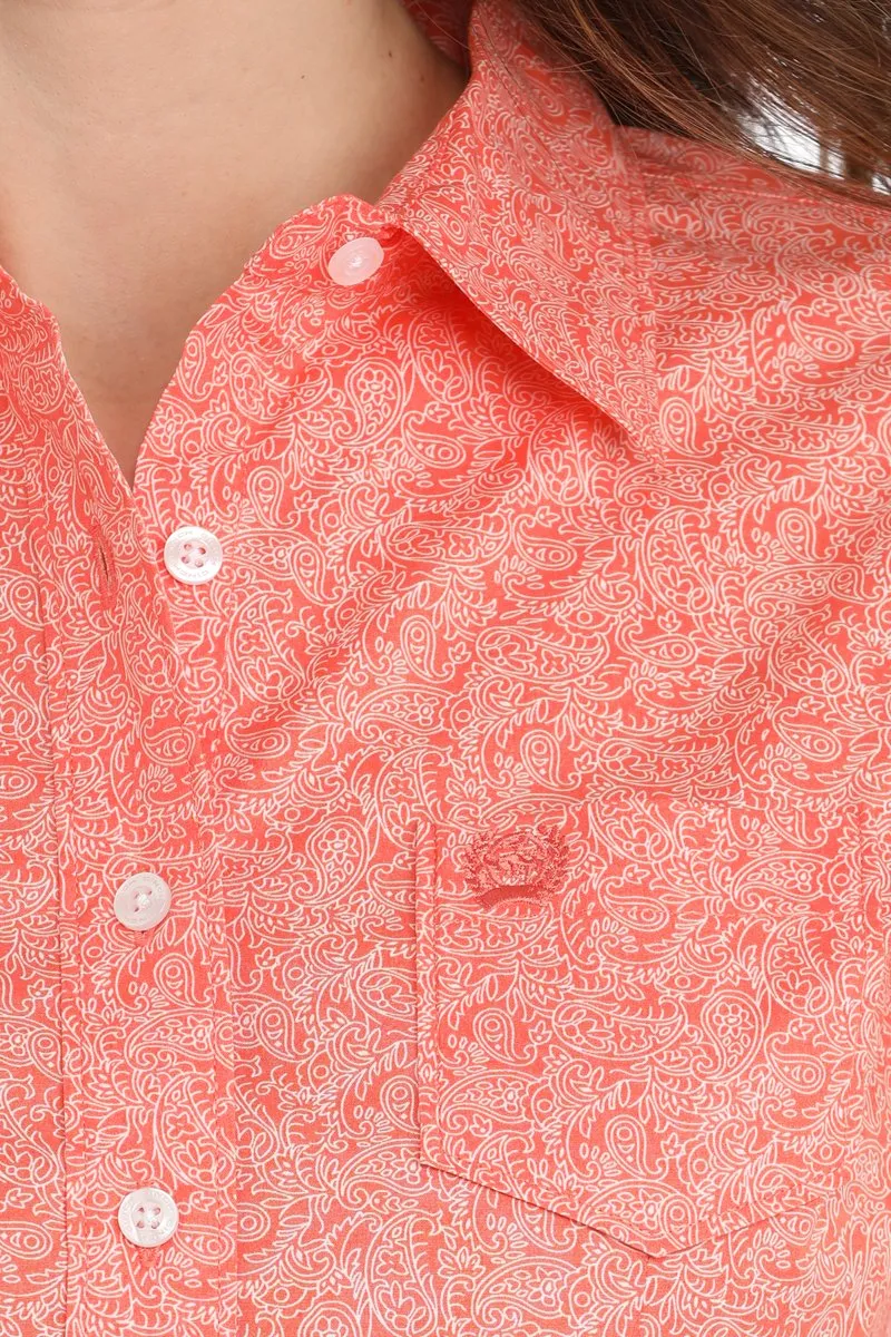 EcoFriendlyMaterial Cinch Women's L/S Stretch Paisley Western Button Down Shirt in Coral