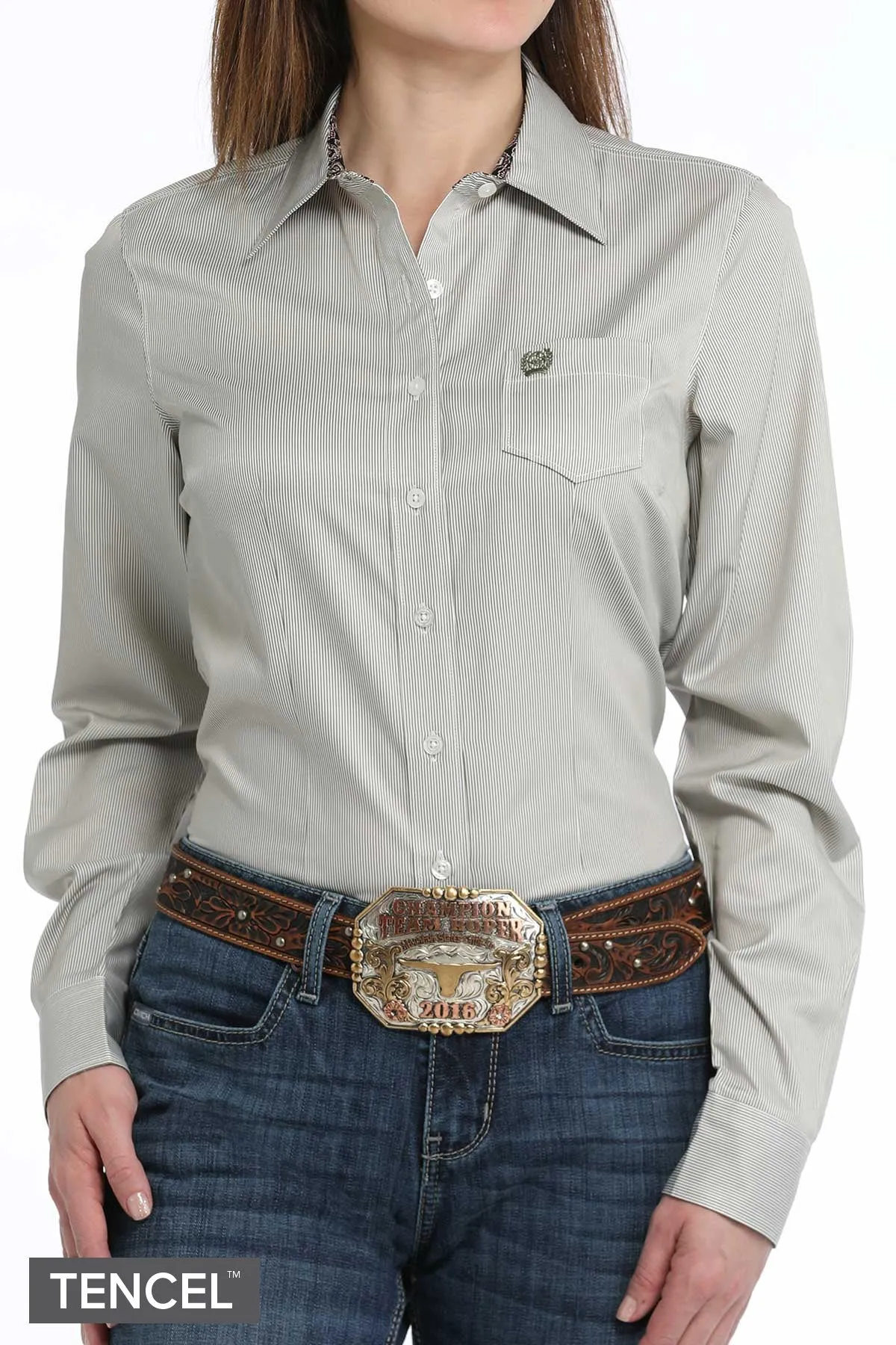 Weekend Outfit Cinch Women's L/S Tencel Olive & White Striped Western Button Down Shirt