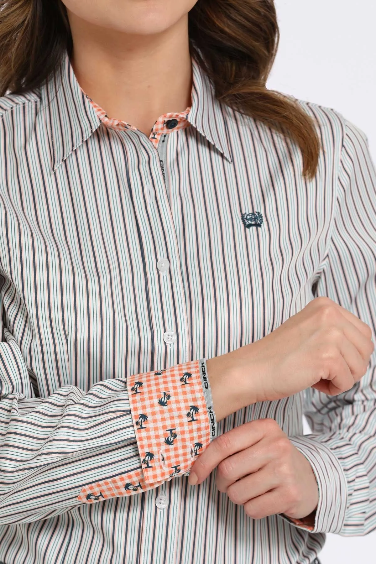 Holiday Trend Cinch Women's L/S Tencel Striped Western Button Down Shirt in White