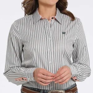 Non-toxic Chic Fashion Cinch Women's L/S Tencel Striped Western Button Down Shirt in White