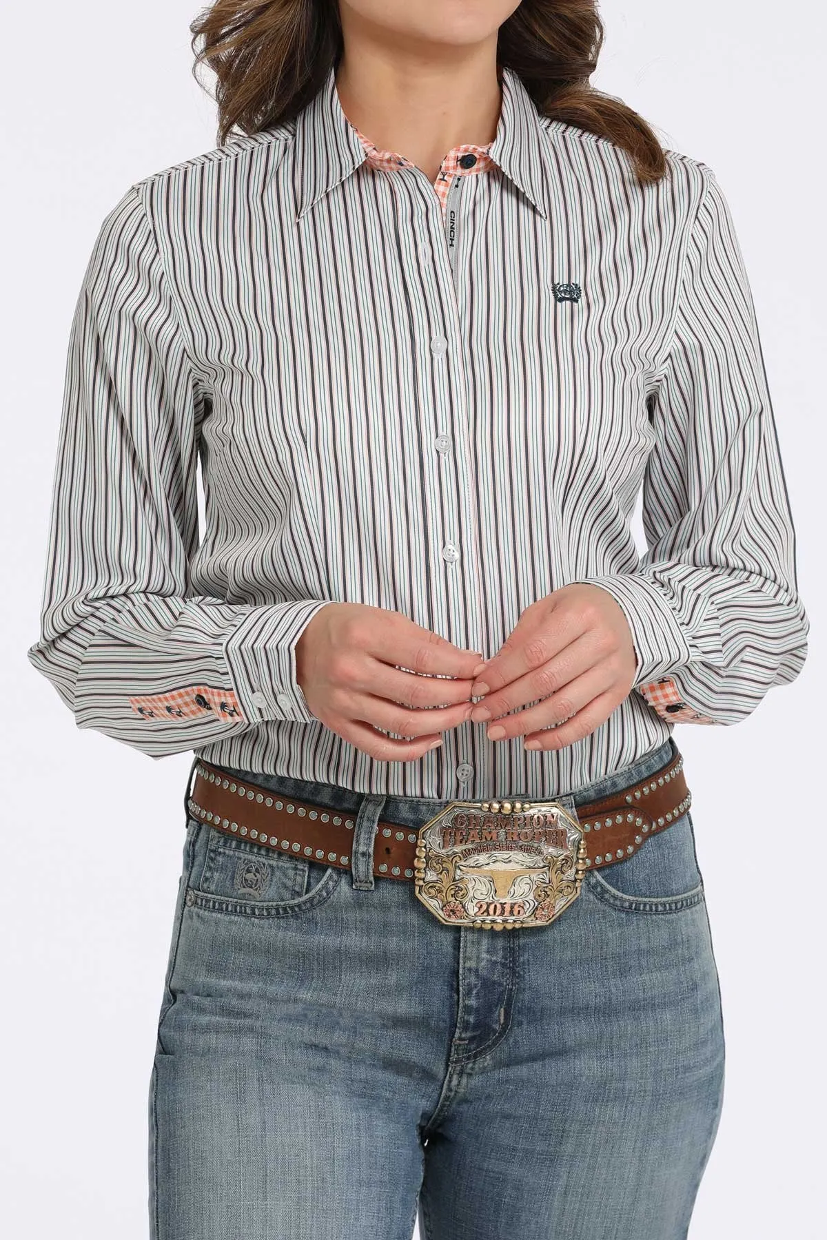 Ribbed Collar Trim Cinch Women's L/S Tencel Striped Western Button Down Shirt in White