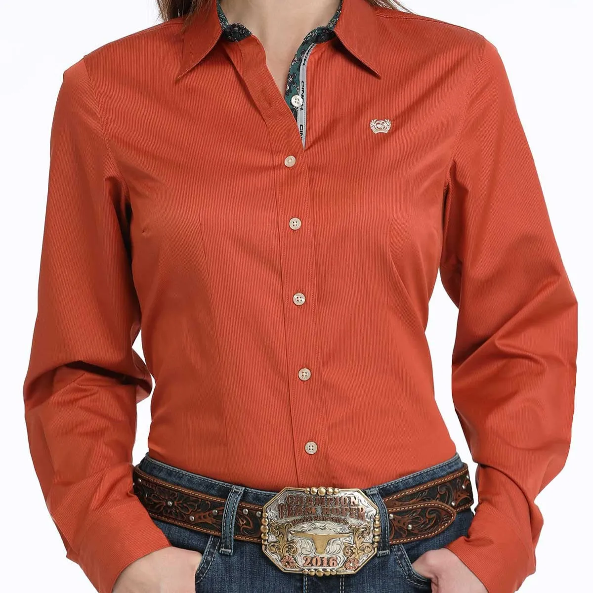 Roomy Waistband Cinch Women's L/S Tencel Tonal Copper Micro Striped Western Button Down Shirt