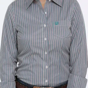 Cinch Women's L/S Tri-Color Stripe Tencel Button Down Shirt- Navy, Teal, Cream Sleek And Stylish