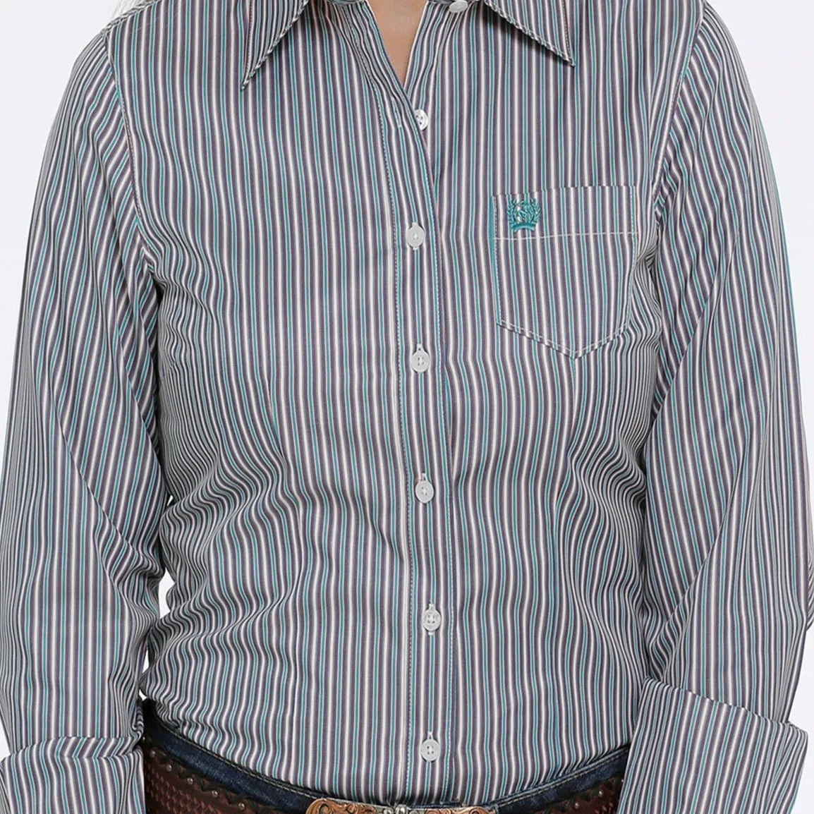 Cinch Women's L/S Tri-Color Stripe Tencel Button Down Shirt- Navy, Teal, Cream Sleek And Stylish