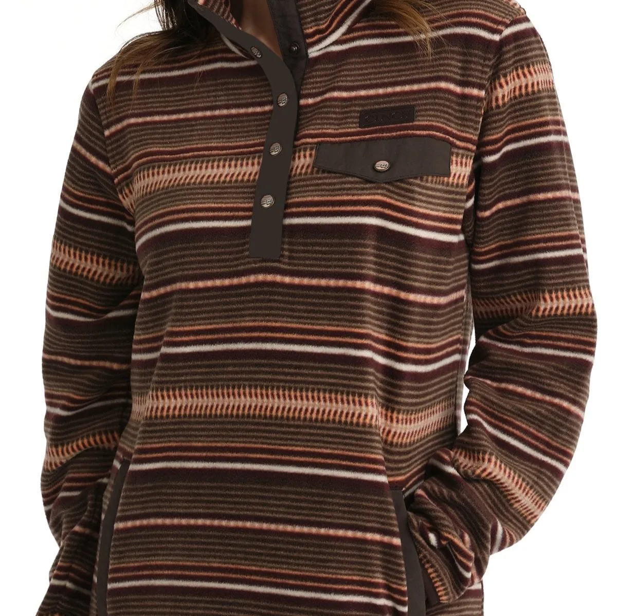 Beach Ease Cinch Women's Southwest Stripes Quarter Snap Fleece Pullover in Brown & Coral